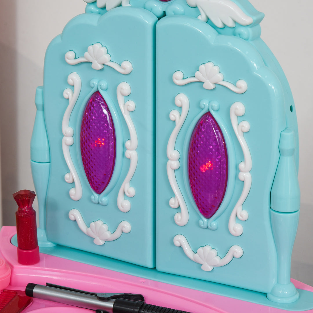 32 PCS Kids Vanity Dressing Table Play Set, Beauty Kit Pretend Toy w/ Magic Glamour Princess Mirror Hair Dryer Make Up Desk Stool, Blue+Pink
