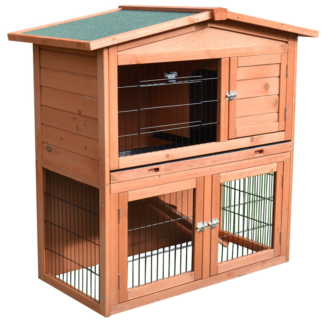 2 Tier Rabbit Hutch Guinea Pig Hutch Ferret Cage with Ramp Slide Out Tray for Indoor Outdoor 100.5 x 55 x 101 cm