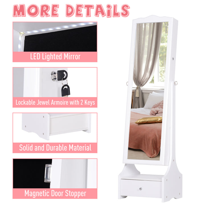 Jewellery Cabinet with led, mirror Cabinet Armoire Floor Standing Flip-over Makeup Shelf Organizer with lock white