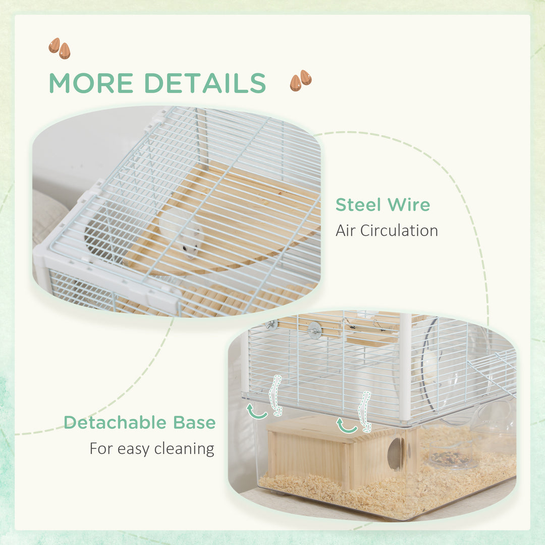 Hamster Cage, Gerbilarium Cage, Wooden Ramp, Exercise Wheel, Food Bowl, Natural Tone and White