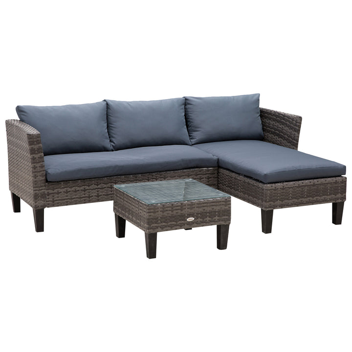 4-Seater Garden Sofa PE Rattan Set w/ 2 Seats Square Glass Top Coffee Table Thick Cushions Solid Legs Metal Frame Patio L Corner Shape, Grey