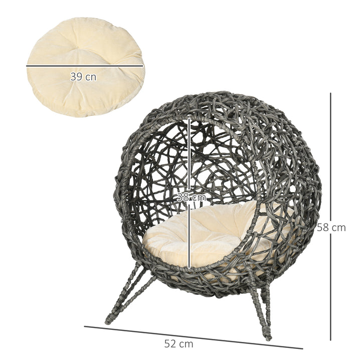 Woven Rattan Elevated Cat Bed House Kitten Pussy Basket Ball Shaped Pet Furniture w/ Removable Cushion Natural 52 x 52 x 58 cm, Silver Grey