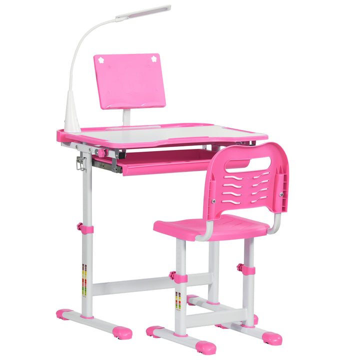 HOMCOM Kids Desk and Chair Set, Height Adjustable Study Desk with USB Lamp, Storage Drawer for Study, Pink and White