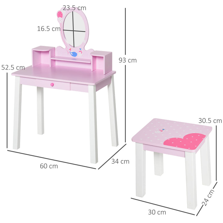 2 PCS Kids Wooden Dressing Table and Stool Girls Vanity Table Makeup Table Set with Mirror Drawers Role Play for Toddlers 3 Year+, Pink White