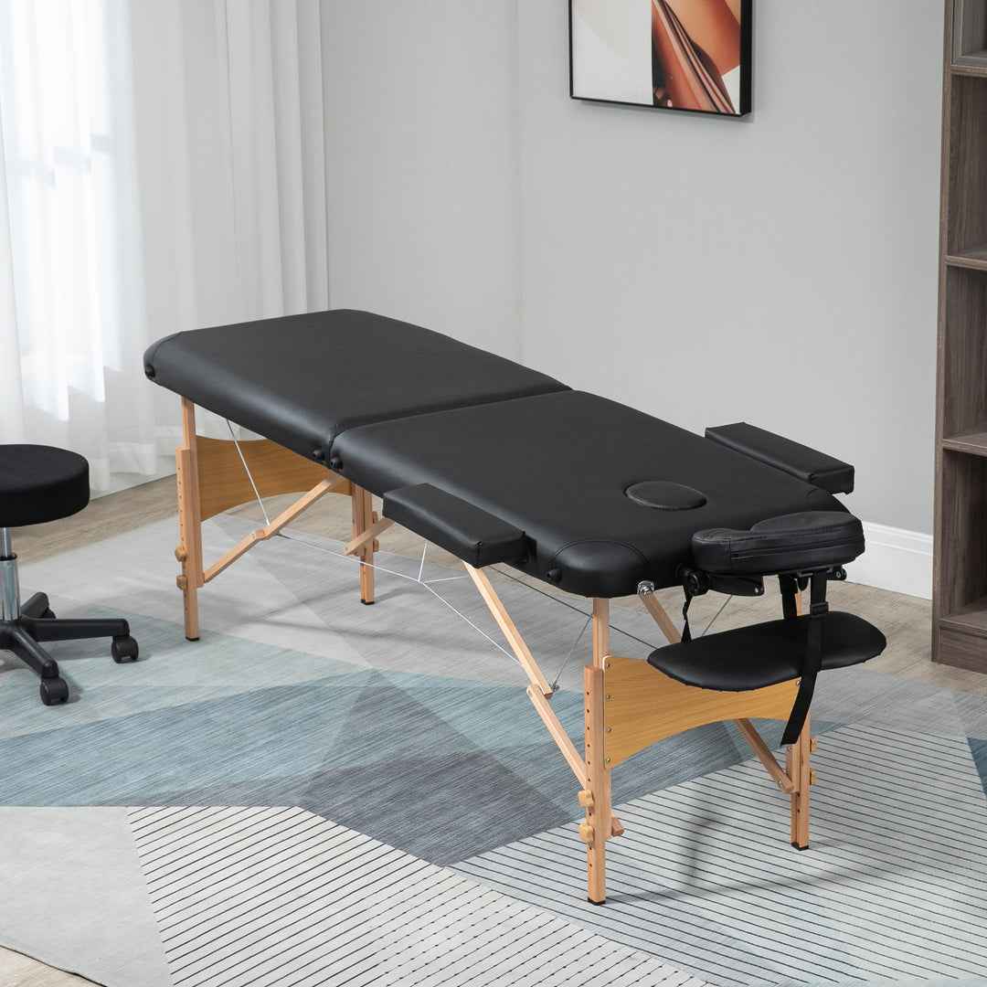 Portable Massage Bed, Folding Spa Beauty Massage Table with 2 Sections, Carry Bag and Wooden Frame, Black