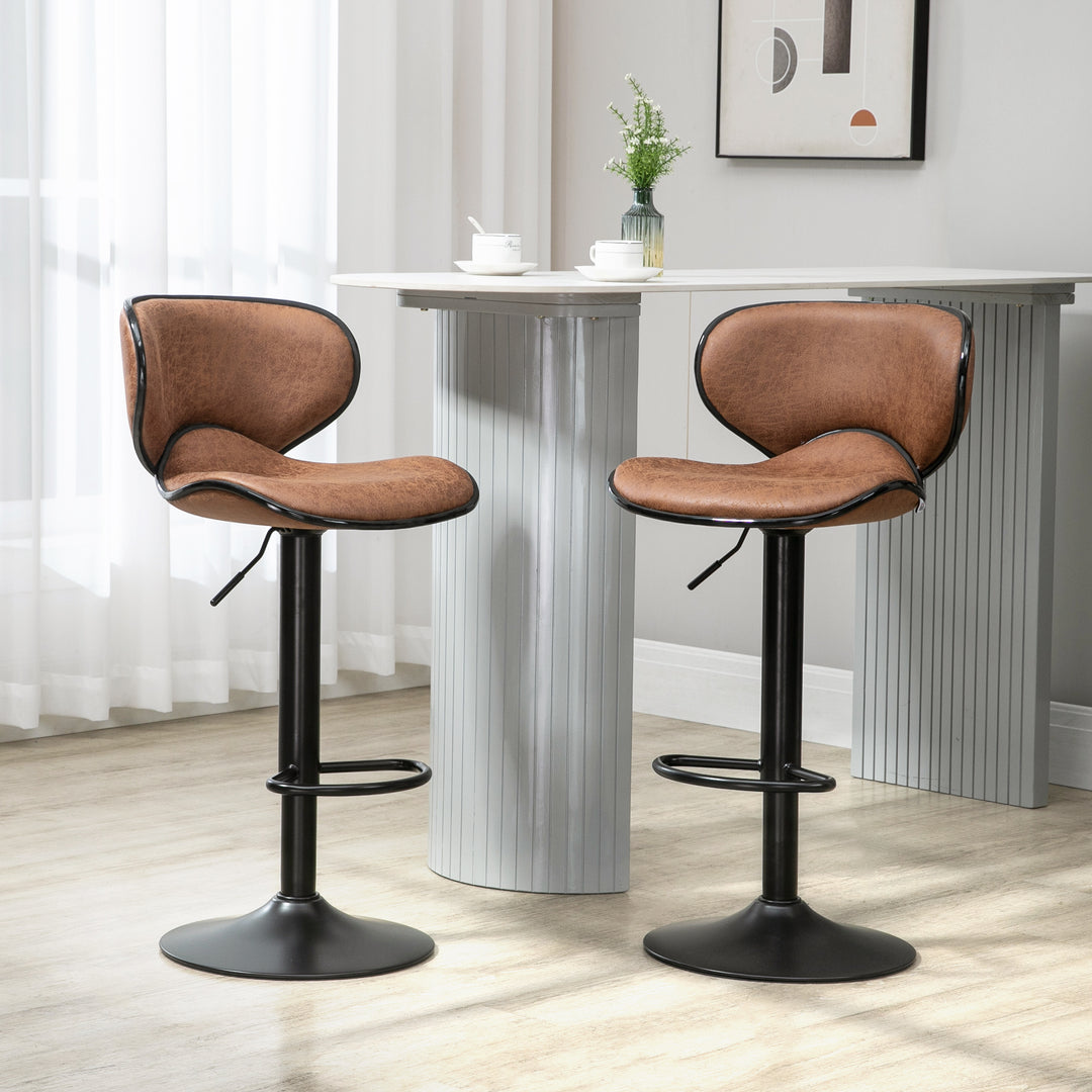 Bar Stool Set of 2 Microfiber Cloth Adjustable Height Armless Chairs with Swivel Seat, Brown