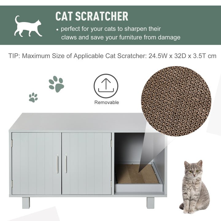 PawHut Wooden Cat Litter Box Enclosure & House with Nightstand/End Table Design, Scratcher, & Magnetic Doors, Grey