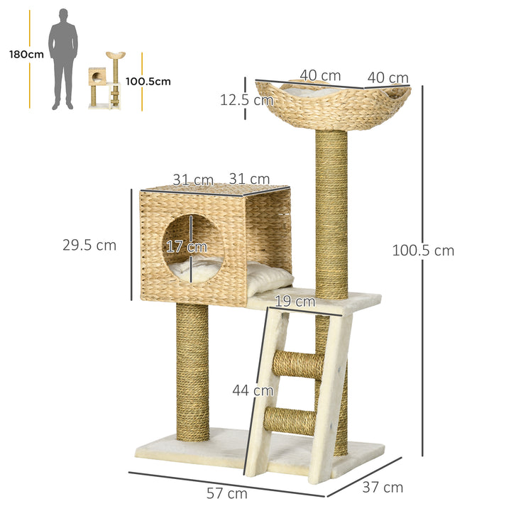 Cat Tree for Indoor Cats Kitten Tower Cattail Weave with Scratching Posts, Cat House, Bed， Washable Cushions Natural, 57 x 37 x 100.5 cm