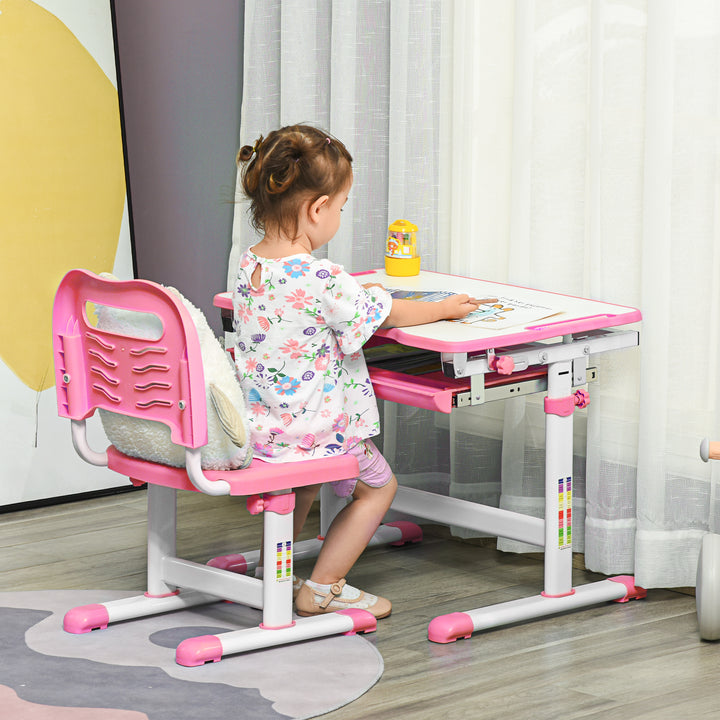 HOMCOM Kids Desk and Chair Set, Student Adjustable Writing Desk, with Drawer, Pen Slot, Hook - Pink
