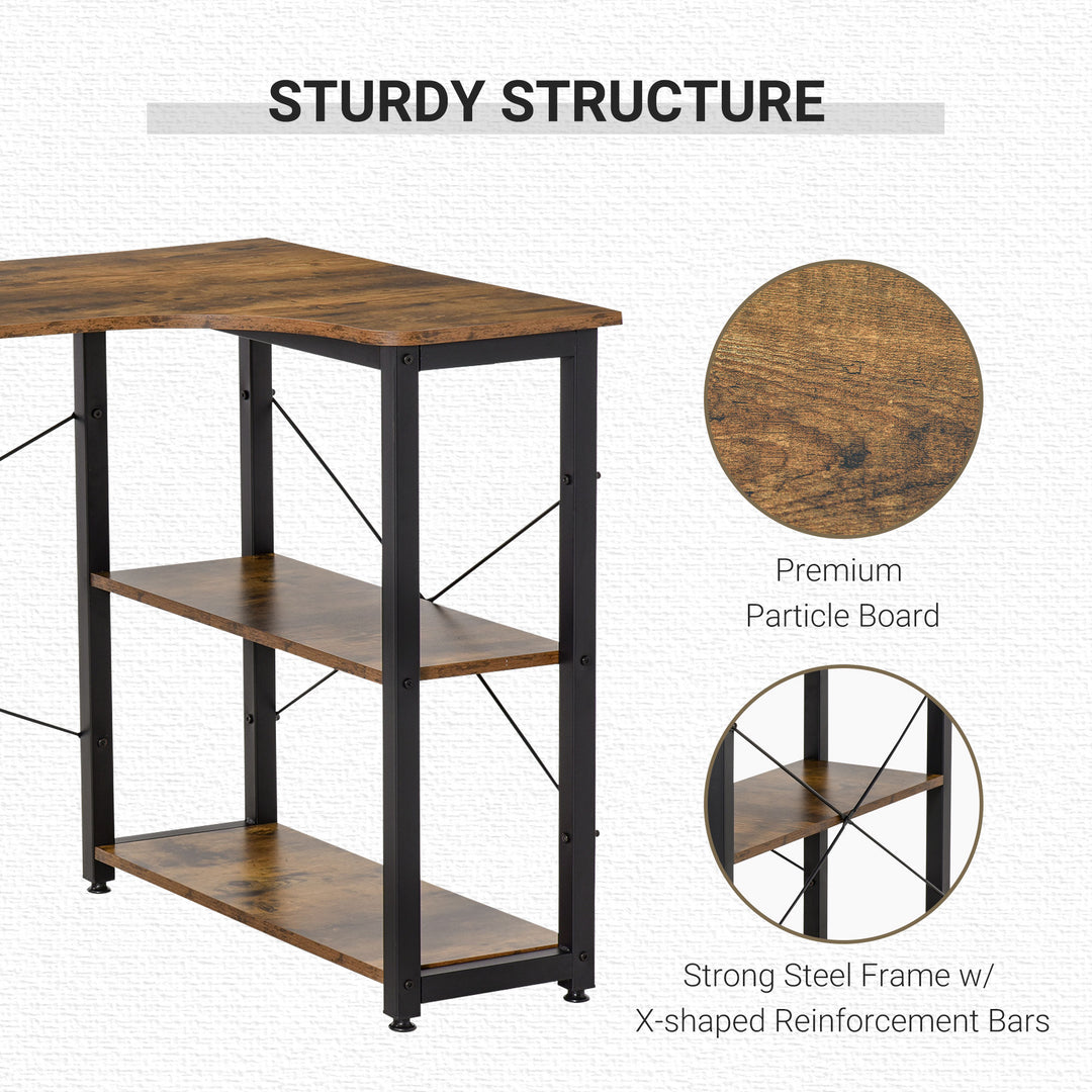 HOMCOM L-Shaped Computer Desk Home Office Corner Desk Study Workstation Table with 2 Shelves, Steel Frame, Rustic Brown