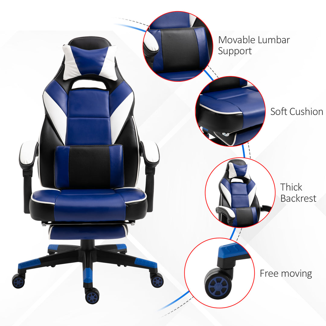 Vinsetto Cool &amp; Stylish Gaming Chair Ergonomic Recliner w/ Thick Padding Footrest Neck &amp; Back Pillow 5 Wheels Racing Swivel Height Adjustable Blue