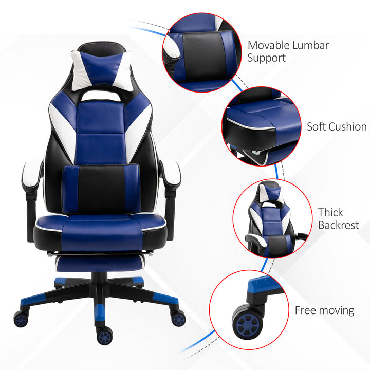 Vinsetto Cool &amp; Stylish Gaming Chair Ergonomic Recliner w/ Thick Padding Footrest Neck &amp; Back Pillow 5 Wheels Racing Swivel Height Adjustable Blue