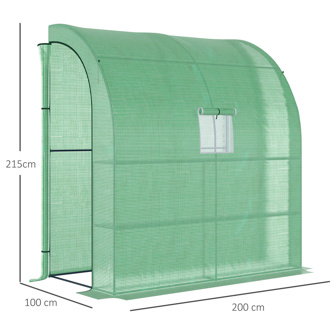Outsunny Lean to Greenhouses with Windows and Doors 2 Tiers 4 Wired Shelves 200L x 100W x 215Hcm Green