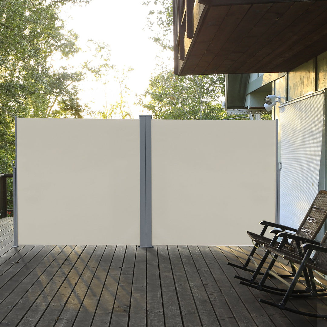 Patio Retractable Double Side Awning, Folding Privacy Screen Fence, Privacy Wall Corner Sun Shade Wind Screen Room Divider-Cream White