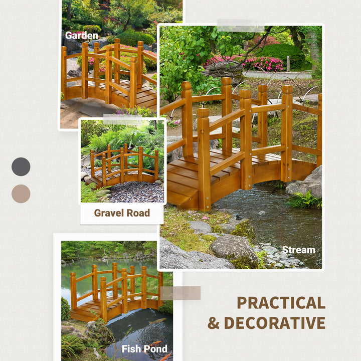 Wooden Garden Bridge with Safety Railings, Arc Footbridge for Pond Backyard Stream, Brown