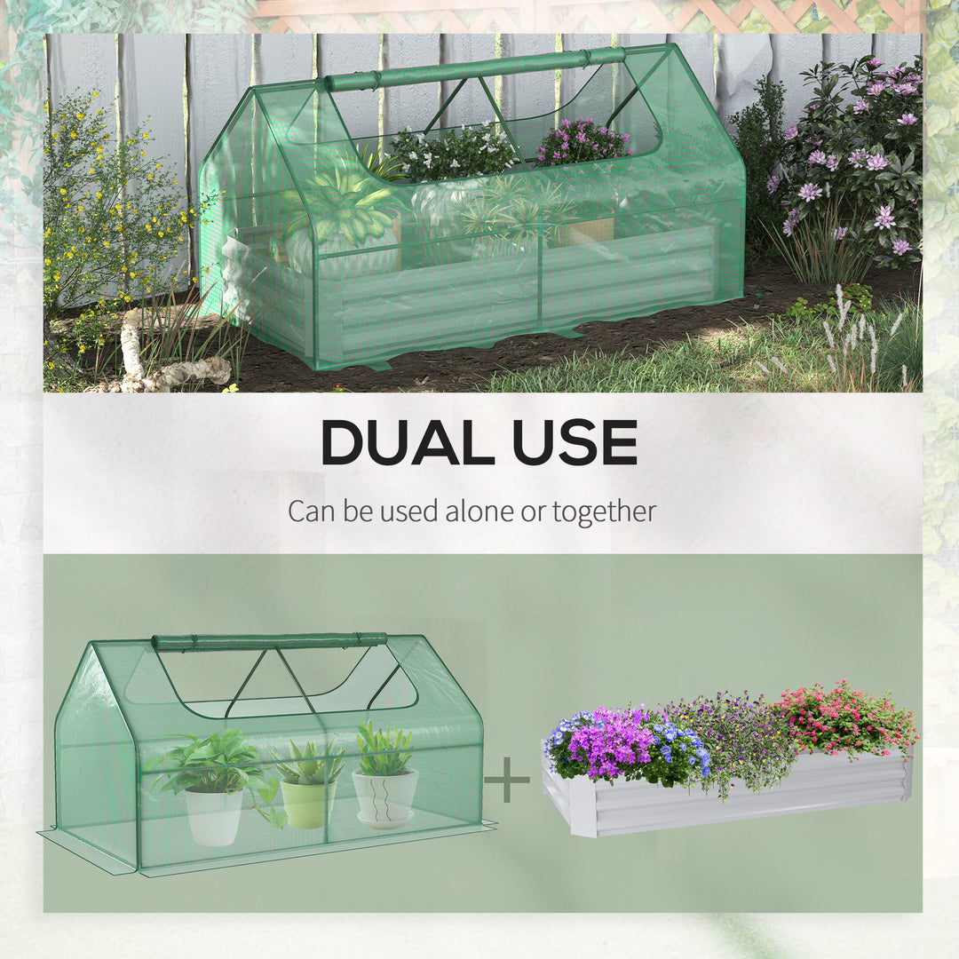 Raised Garden Bed with Greenhouse, Steel Planter Box with Plastic Cover, Roll Up Window, Dual Use for Flowers, Vegetables, Fruits and Herbs, 185L x 95W x 92H cm, Green