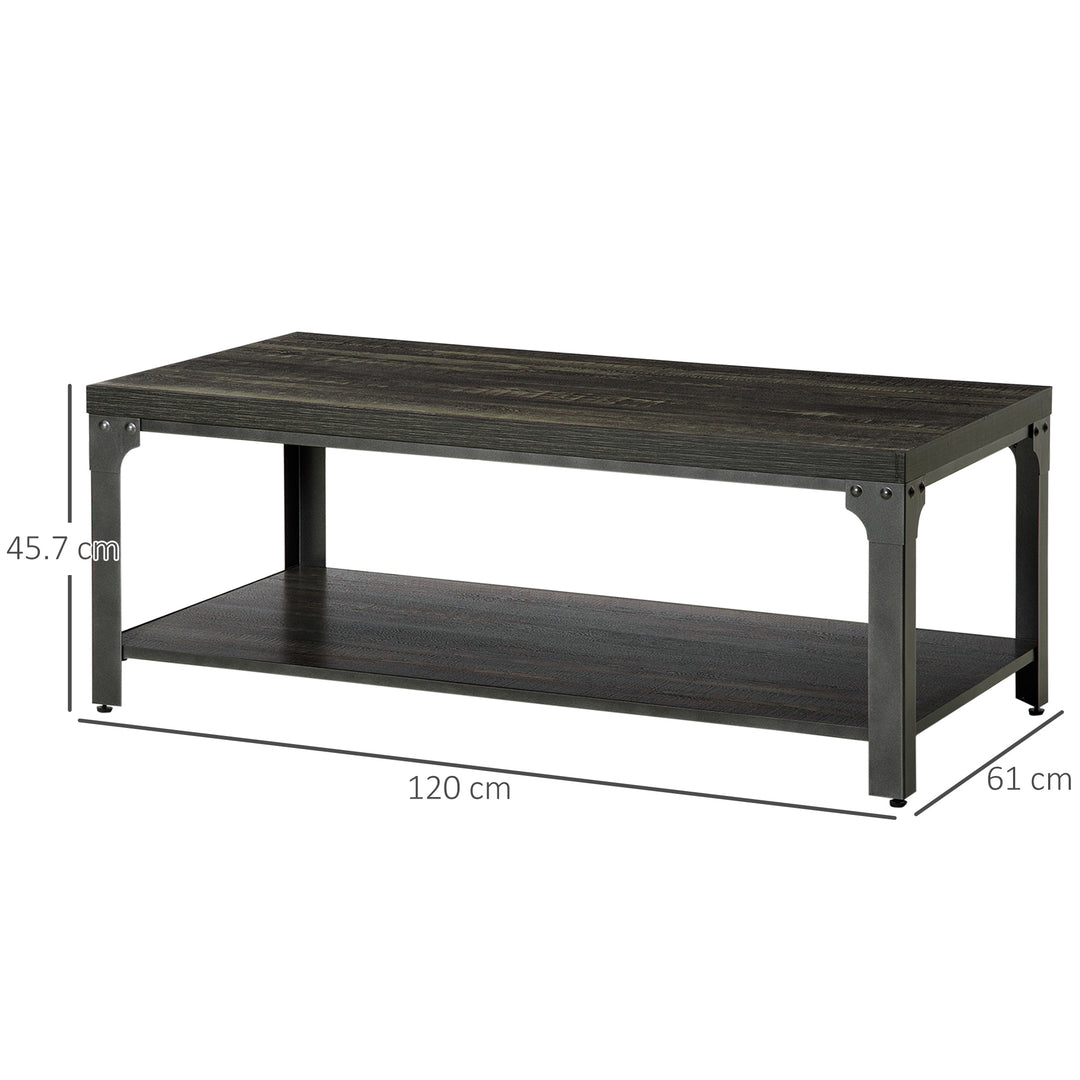 HOMCOM Rustic Coffee Table with Storage Shelf, Cocktail Table with Steel Frame and Thickened Top for Living Room, Dark Walnut