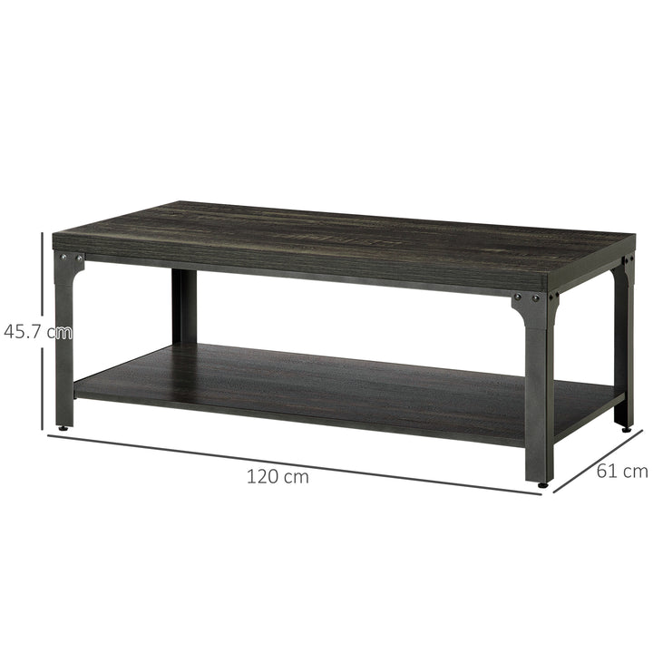 HOMCOM Rustic Coffee Table with Storage Shelf, Cocktail Table with Steel Frame and Thickened Top for Living Room, Dark Walnut