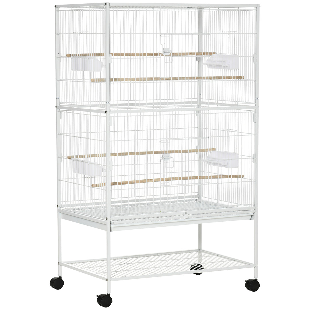 Large Bird Cage Aviary for Finch Canaries, Budgies with Rolling Stand, Slide-out Tray, Food Containers, White