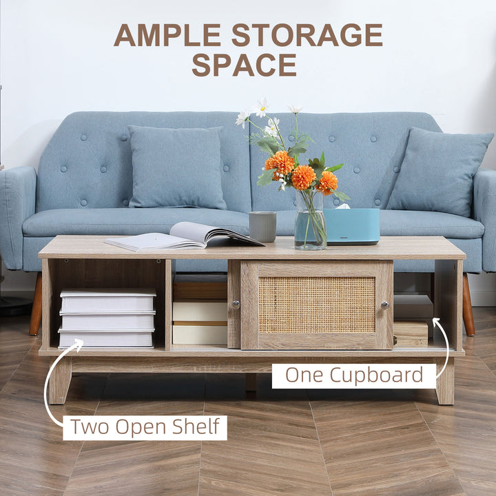 Coffee Table with Storage, Tea Table with Sliding Doors and Natural Woven Rattan for Living Room, Office, Study Room, Reception Room