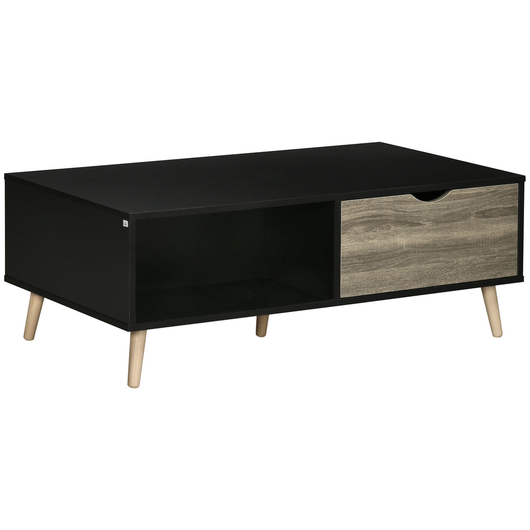 Coffee Table, Modern Tea Table with Open Storage Shelves, Two Drawers and Solid Wood Legs, Coffee Tables for Living Room, Bed Room, Black