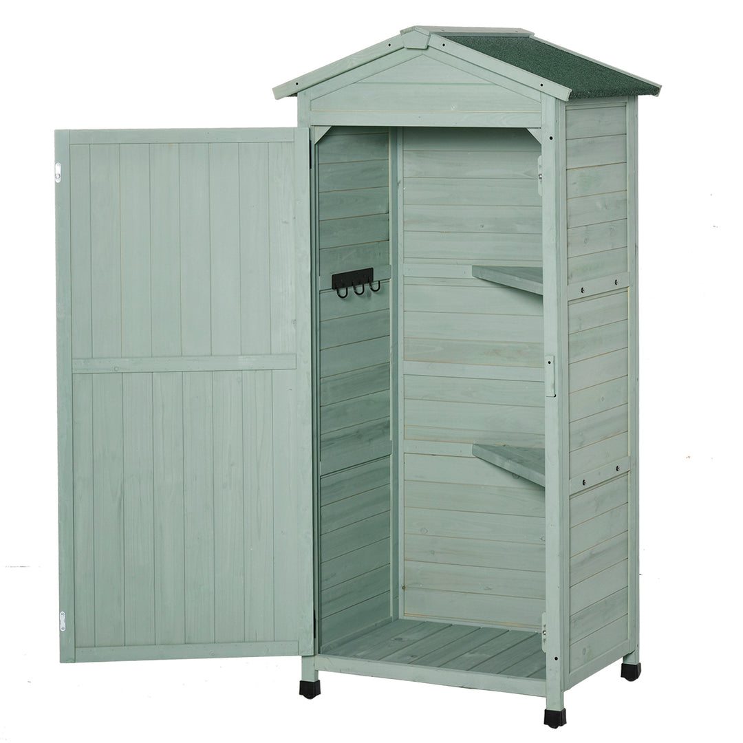 Wooden Garden Cabinet 3-Tier Storage Shed 2 Shelves Lockable Organizer with Hooks Foot Pad 74 x 55 x 155cm Green