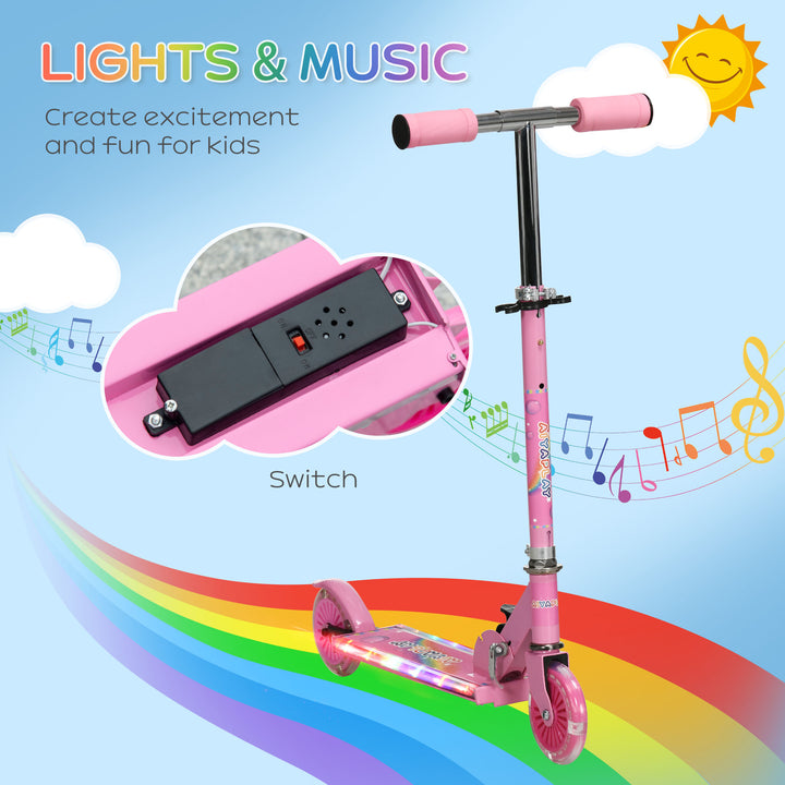 HOMCOM Kids Scooter with Lights, Music, Adjustable Height, Folding Frame, LED Wheels, for 3-7 Years Old, Pink