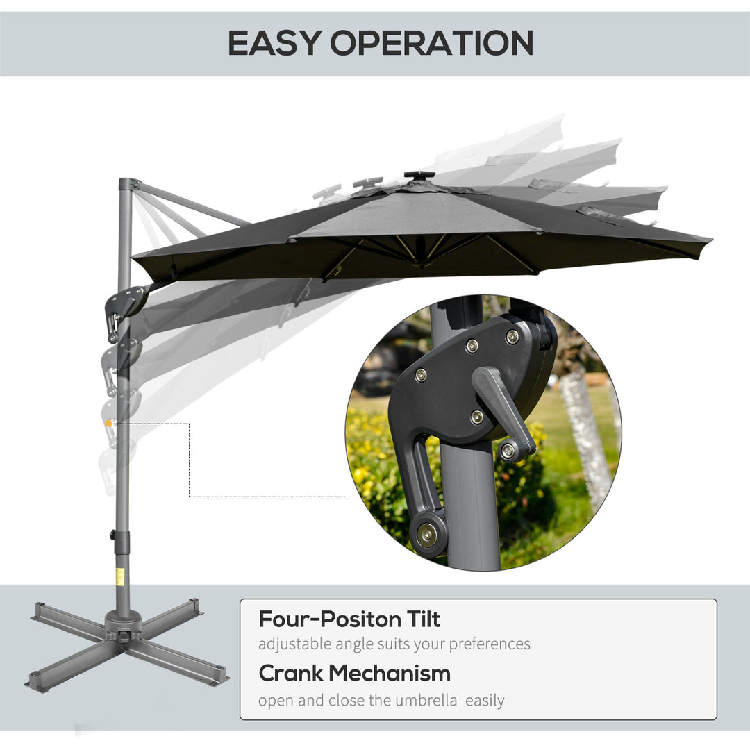 Outsunny 3m Cantilever Roma Parasol Adjustable Garden Sun Umbrella with LED Solar Light, Aluminum Frame, Tilt &amp; Crank, UV50+, Dark Grey