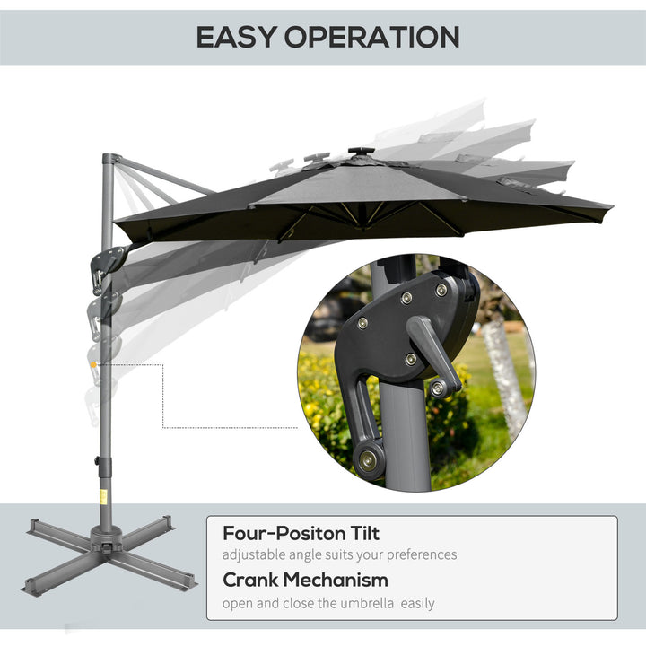 Outsunny 3m Cantilever Roma Parasol Adjustable Garden Sun Umbrella with LED Solar Light, Aluminum Frame, Tilt &amp; Crank, UV50+, Dark Grey