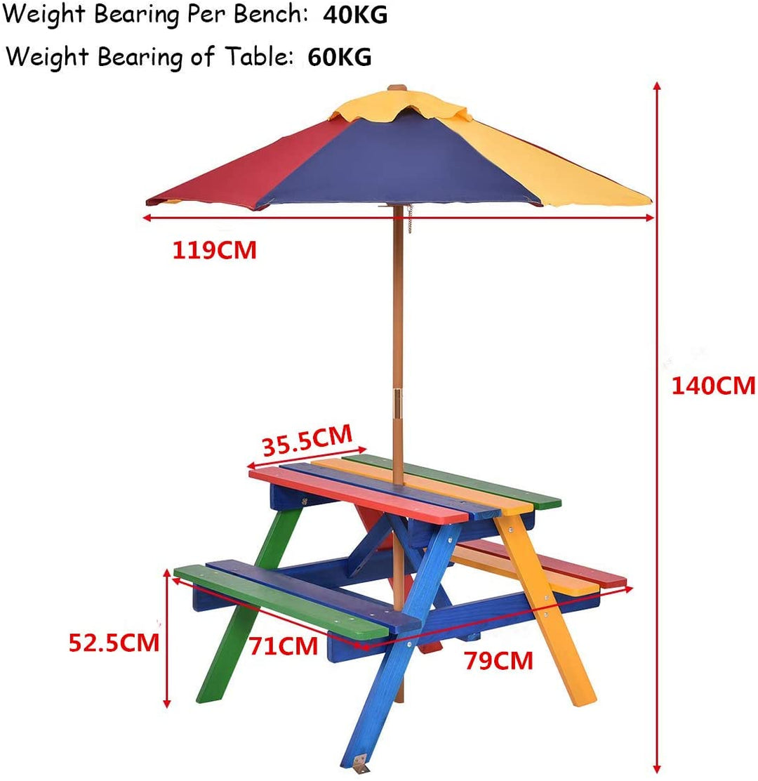 Children's Wooden Picnic Bench with Parasol