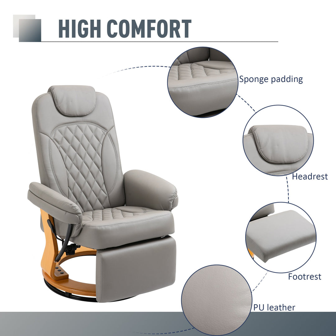 HOMCOM PU Recliner Chair with Footrest, Headrest, Round Wood Base, Lounge Reading Armchair for Living Room, Bedroom, Office, Grey