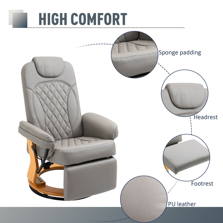 HOMCOM PU Recliner Chair with Footrest, Headrest, Round Wood Base, Lounge Reading Armchair for Living Room, Bedroom, Office, Grey