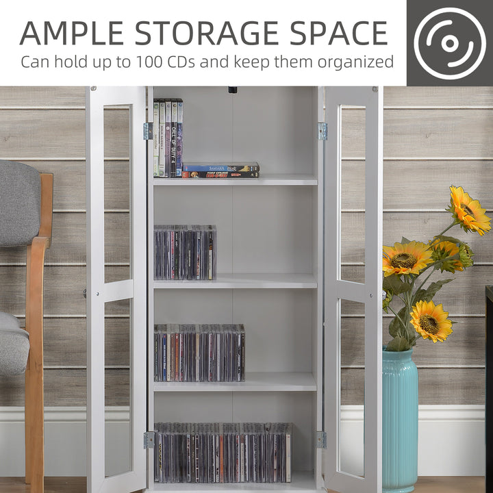 HOMCOM Media Cabinet - Holds up to 100 CDs, 4-Tier CD Storage Unit, Modern Bookcase with Magnetic Doors and Wide Base for Home, White