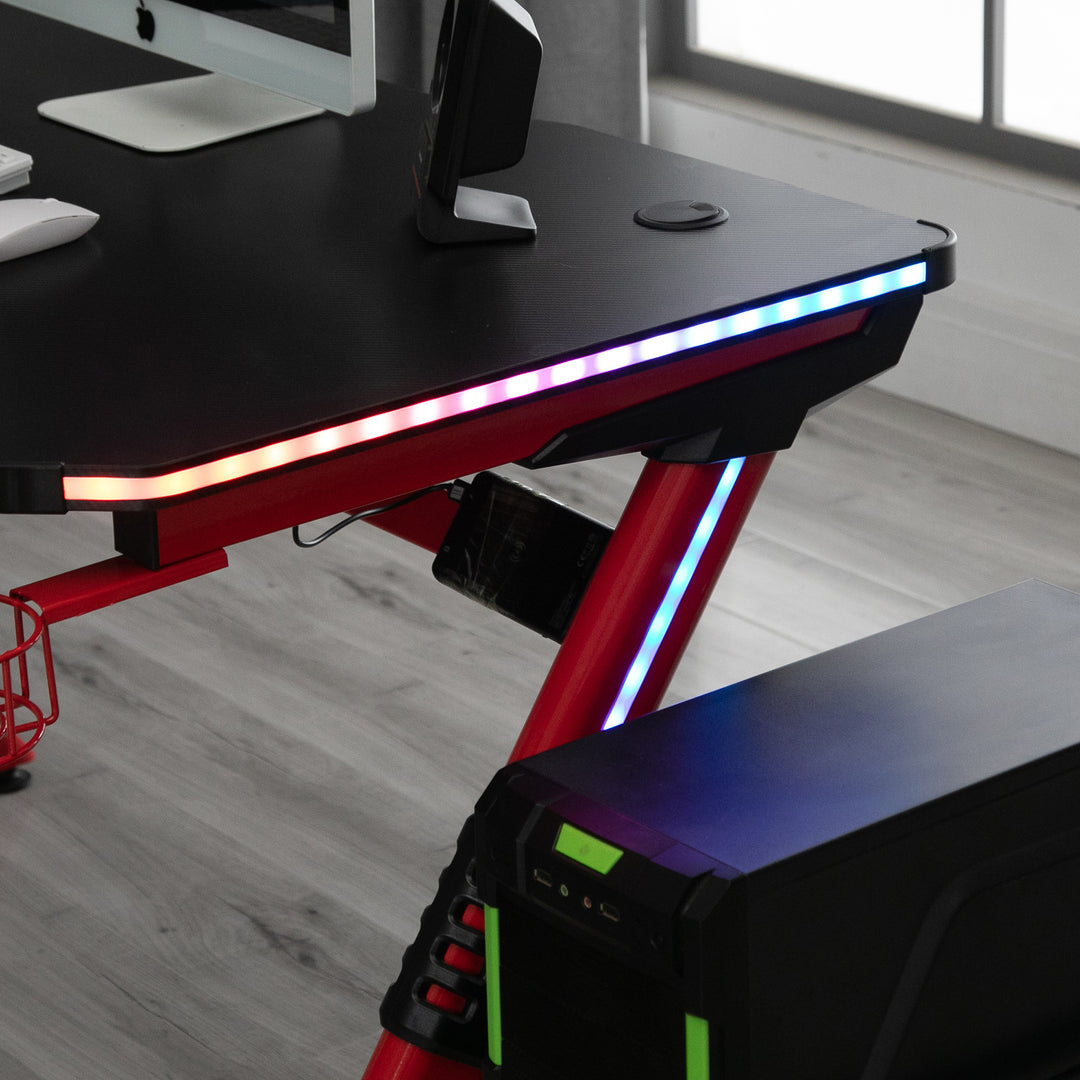 Gaming Desk with RGB LED Lights Racing Style Gaming Table with Cup Holder, Cable Management, Red