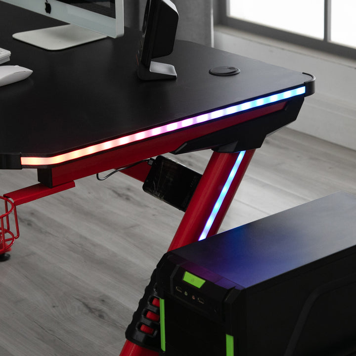 Gaming Desk with RGB LED Lights Racing Style Gaming Table with Cup Holder, Cable Management, Red
