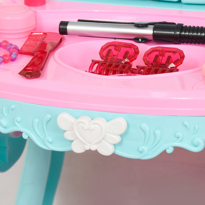32 PCS Kids Vanity Dressing Table Play Set, Beauty Kit Pretend Toy w/ Magic Glamour Princess Mirror Hair Dryer Make Up Desk Stool, Blue+Pink
