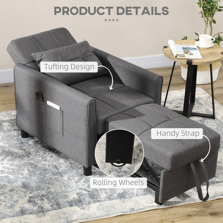 Folding Sofa Bed, Pull Out Single Sleeper, 3 in 1 Convertible Chair Bed with Adjustable Backrest, Pillow, Side Pocket for Home Office Grey