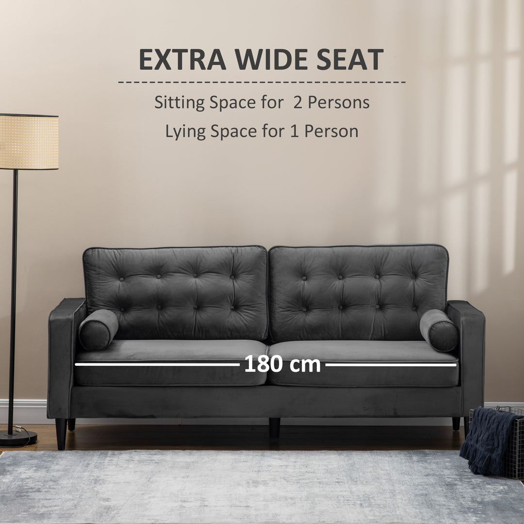 HOMCOM 3-Seater Sofa, 204 cm Sofa Couch with Button-Tufted Back Cushion, 2 Pillows and Rubber Wood Legs for Living Room, Grey