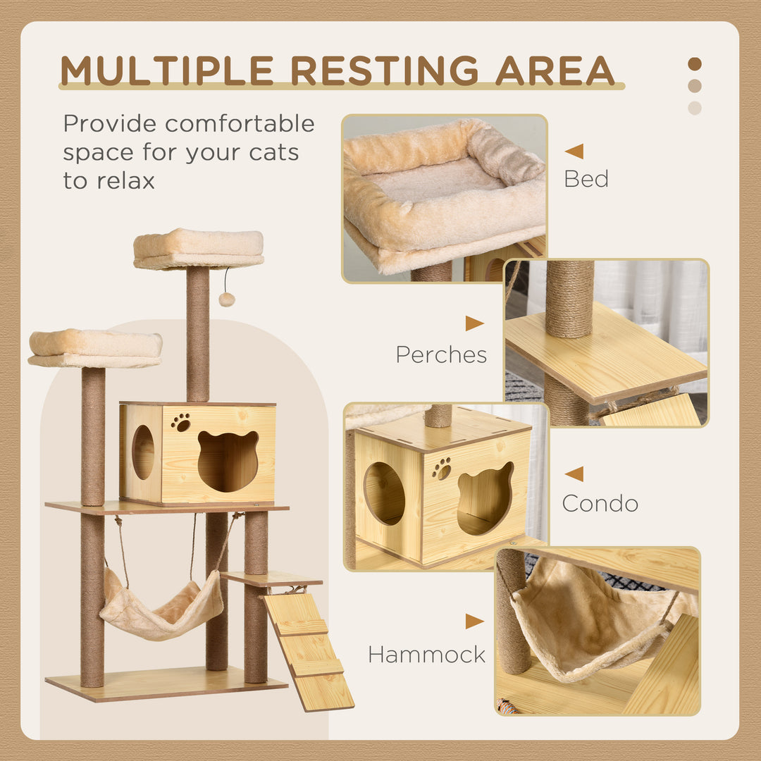 Cat Tree, 130 cm Cat Tree for Indoor Cats, Multi-Level Plush Cat Climbing Tower with 5 Scratching Posts, 2 Perches, Cat Condo, Hammock, Ramp, Toy Ball, Cat Tree for Large Cat, Yellow