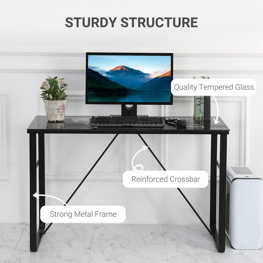 Glass Top Writing Desk with World Map Printing Working Station Home Office Table Gaming Desk Metal Frame Easy Assembly, Black