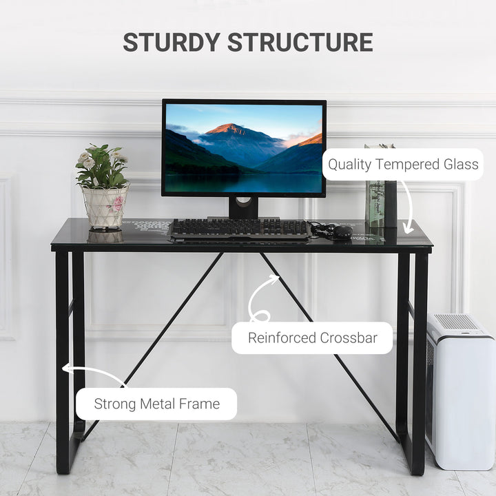 Glass Top Writing Desk with World Map Printing Working Station Home Office Table Gaming Desk Metal Frame Easy Assembly, Black