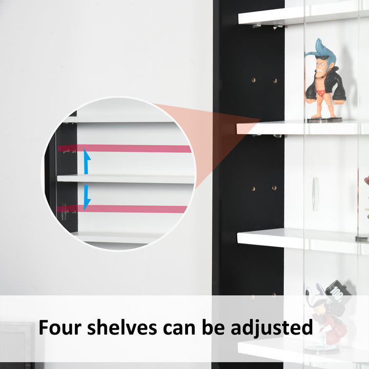 5-Tier Wall Display Shelf Unit Cabinet w/ 4 Adjustable Shelves Glass Doors Home Office Ornaments 60x80cm Black/White