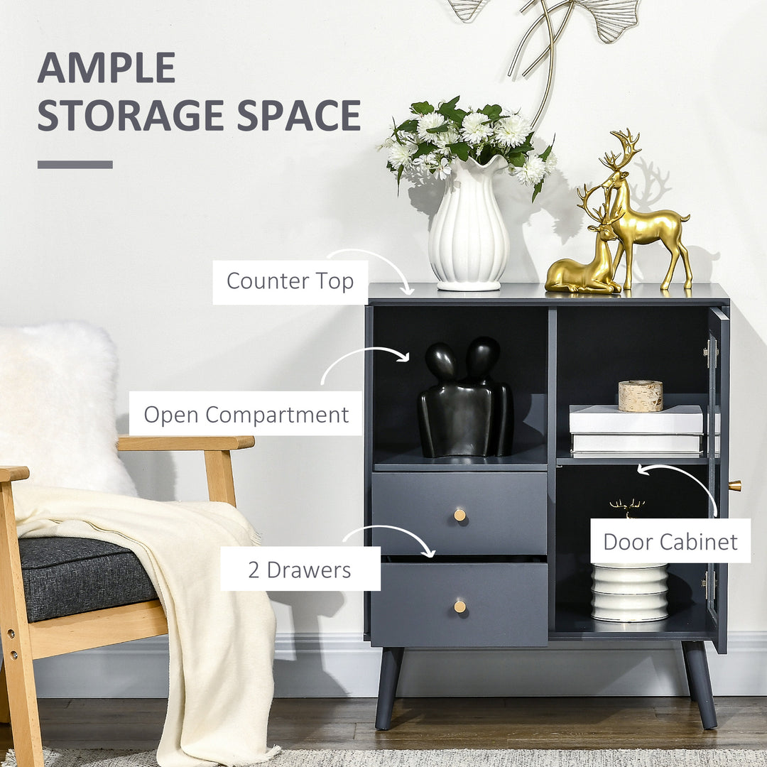 Modern Sideboard, Storage Cabinet with Glass Door Cupboard, 2 Drawers, Bedside Table for Bedroom, Living Room, Grey