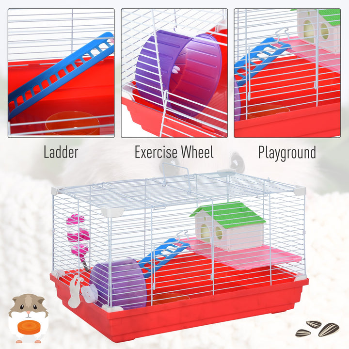 PawHut Dwarf Hamster Metal Cage w/ Tunnels Exercise Wheel Water Bottle Dishes Red and White