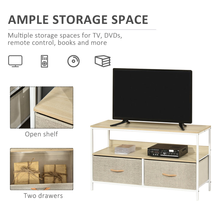 HOMCOM TV Cabinet, TV Console Unit with 2 Foldable Linen Drawers, TV Stand with Shelving for Living Room, Entertainment Room, Maple Wood Effect