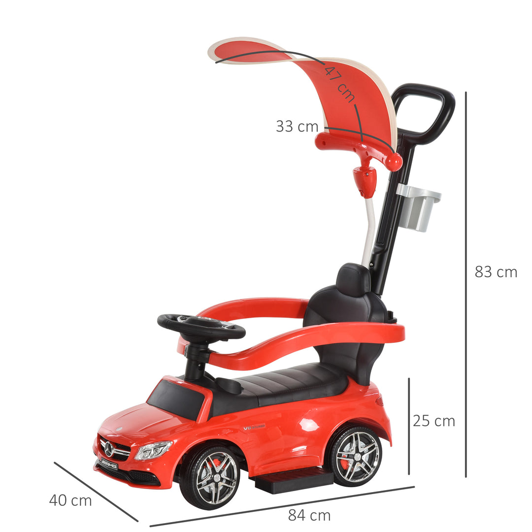 3 in 1 Ride On Push Along Car Mercedes Benz for Toddlers Stroller Sliding Walking Car with Sun Canopy Horn Safety Bar Cup Holder Ride on Toy