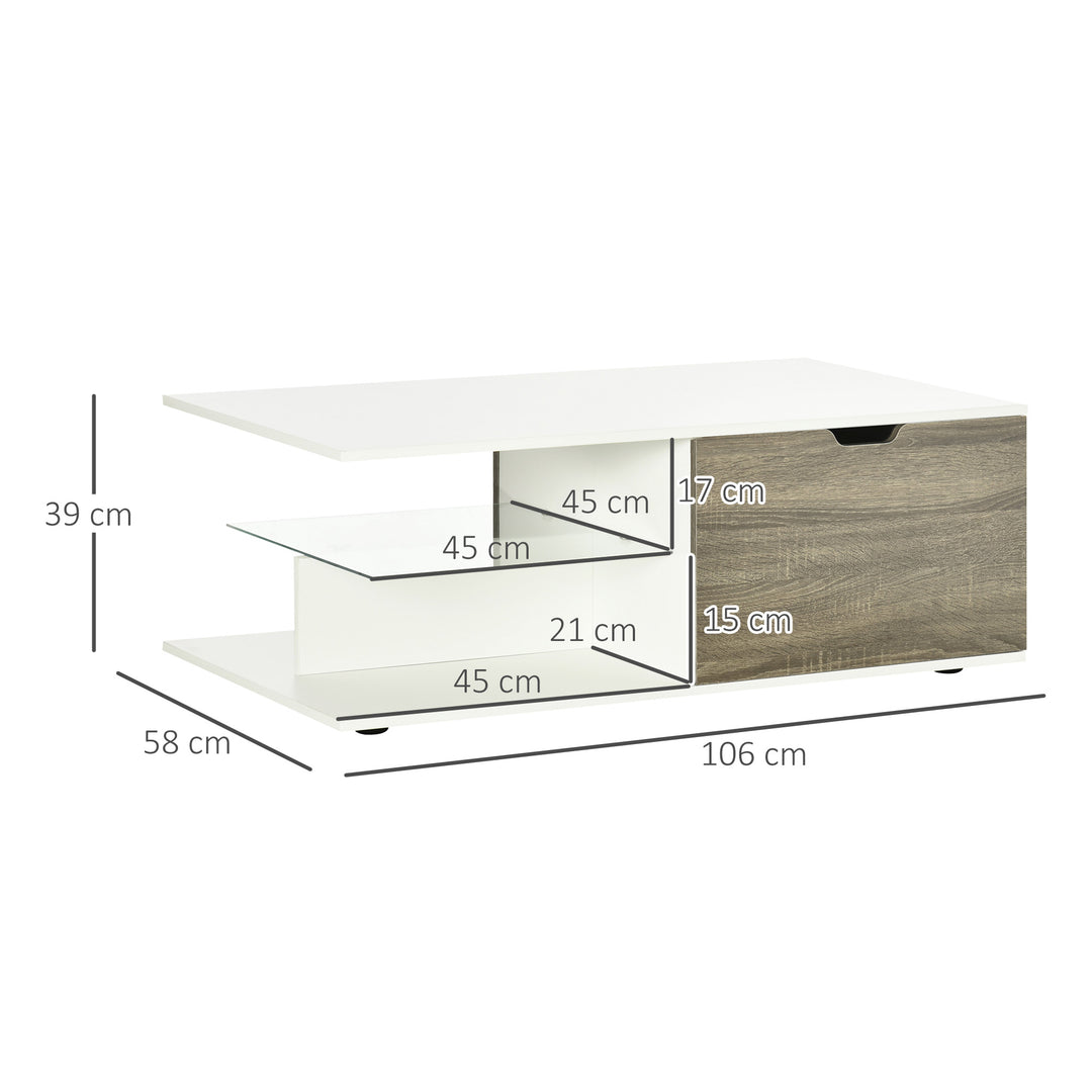 Coffee Table, Modern Tea Table with Tempered Glass Shelves, and Two Drawers, Coffee Tables for Living Room, Bed Room, White