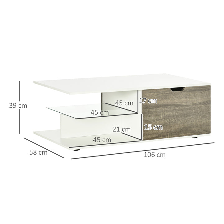 Coffee Table, Modern Tea Table with Tempered Glass Shelves, and Two Drawers, Coffee Tables for Living Room, Bed Room, White