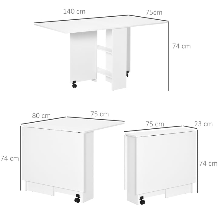 Mobile Drop Leaf Dining Kitchen Table Folding Desk For Small Spaces With 2 Wheels & 2 Storage Shelves White