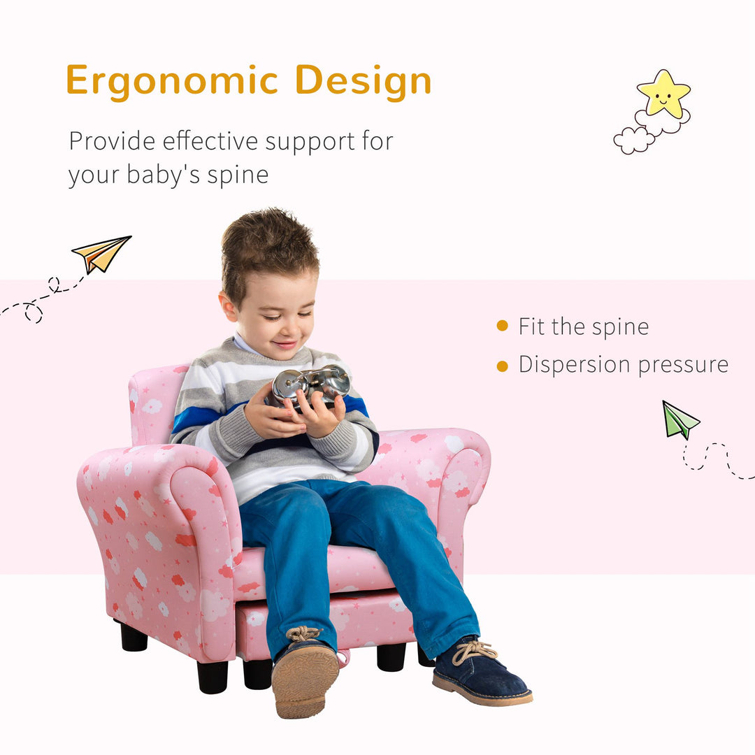 Kids Children Armchair Mini Sofa Wood Frame w/ Footrest Anti-Slip Legs High Back Arms Bedroom Playroom Furniture Cute Cloud Star Pink